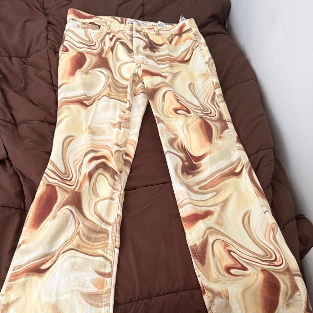 Zara Cream and Brown Patterned Pants